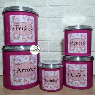 Jogo de Latas Porta Mantimentos Rosa Pink Flor 4 Decorado Alumínio 5 Peças