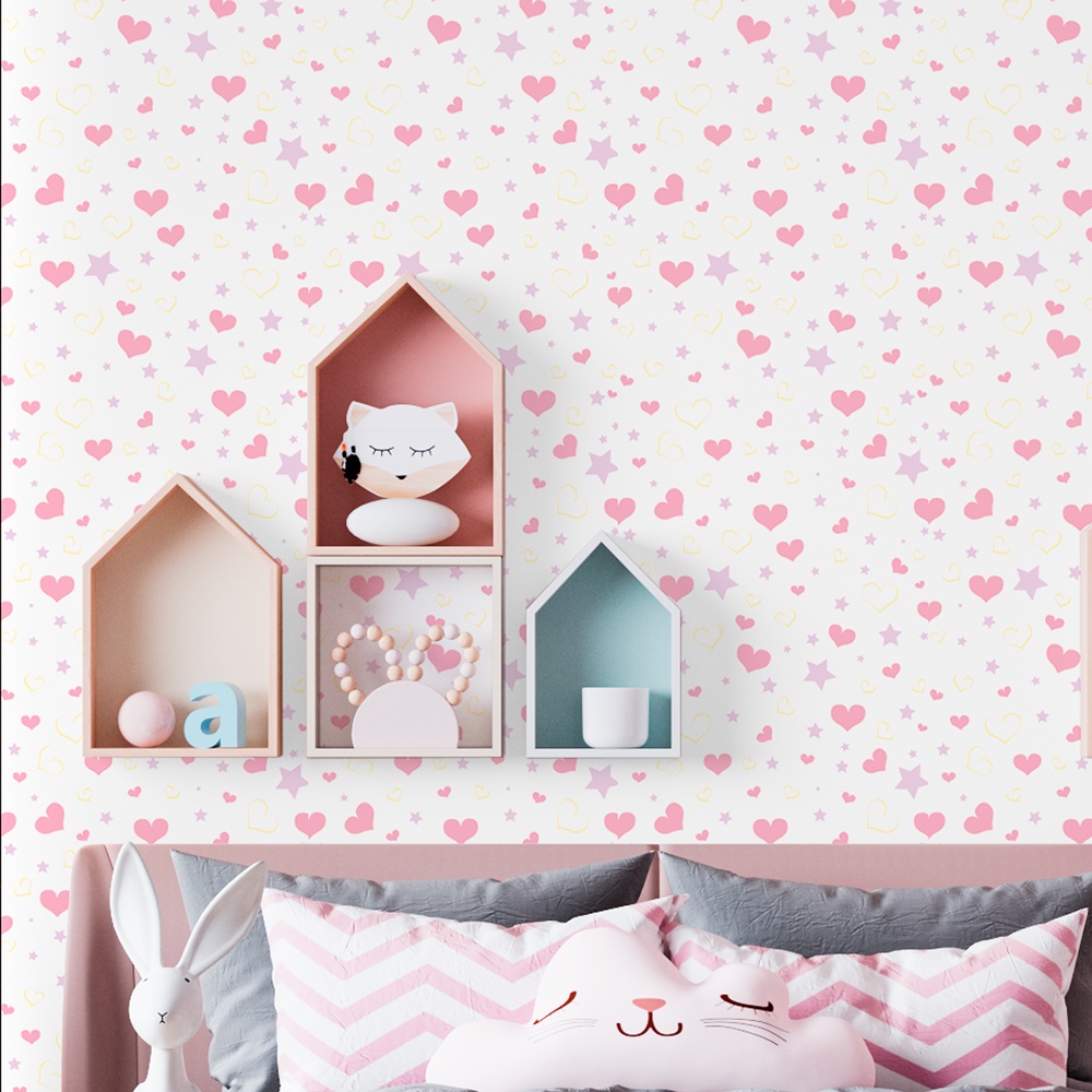 Papel De Parede Adesivo Infantil Rosa Coraçãozinho Leve 3m x 50cm