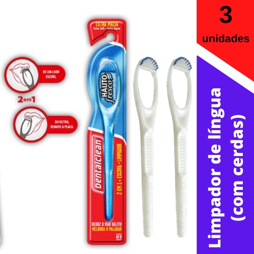 KIT 3x Limpador de língua com cerdas | Dental Clean | Cores Sortidas