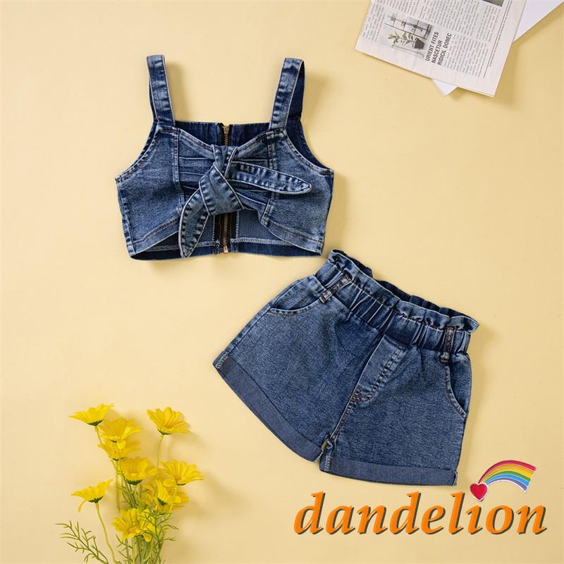 Dandelion-1-6 Anos Conjunto De Roupa Infantil Com Alça/Crop Tie-Up Zíper + Babado/Short Jeans Curto/Aconchegante/Verão