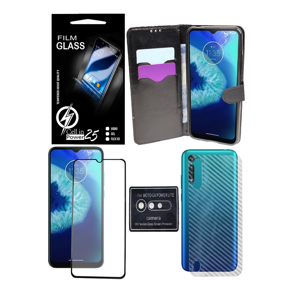 Capa Capinha Case Flip Carteira PRETA + Vidro 3D + Skin Fibra Carbono + Pelicula de camera Camera Moto G8 Power Lite (Tela 6.5)