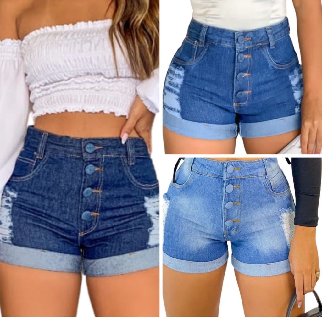 Kit Com 3 Shorts Jeans Cintura Alta Destroeyd Cintura Alta em Oferta na Shopee