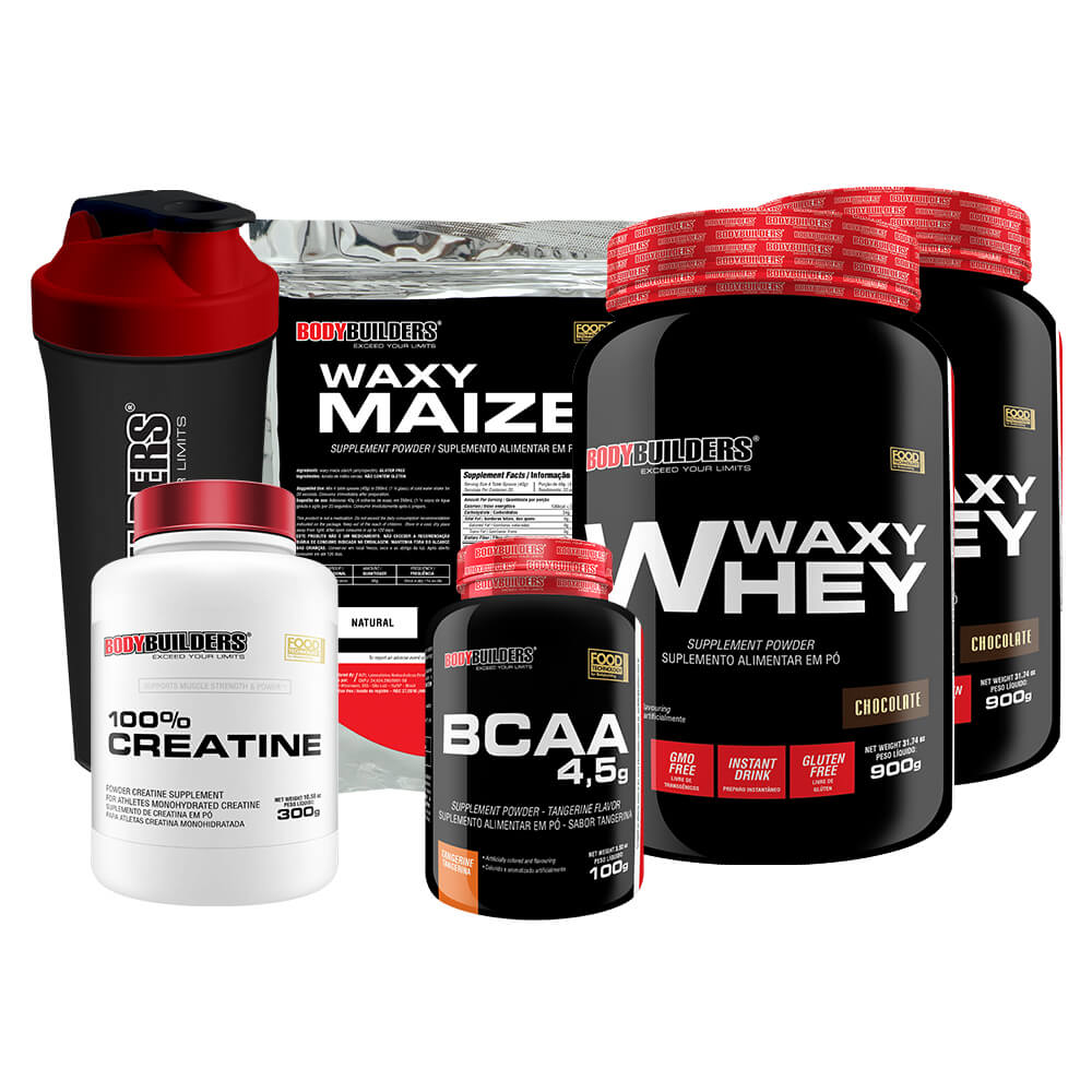 Kit Exclusivo 2 Waxy Whey Protein 900g + Creatina 300g + BCAA + Waxy Maize + Shaker – Bodybuilders