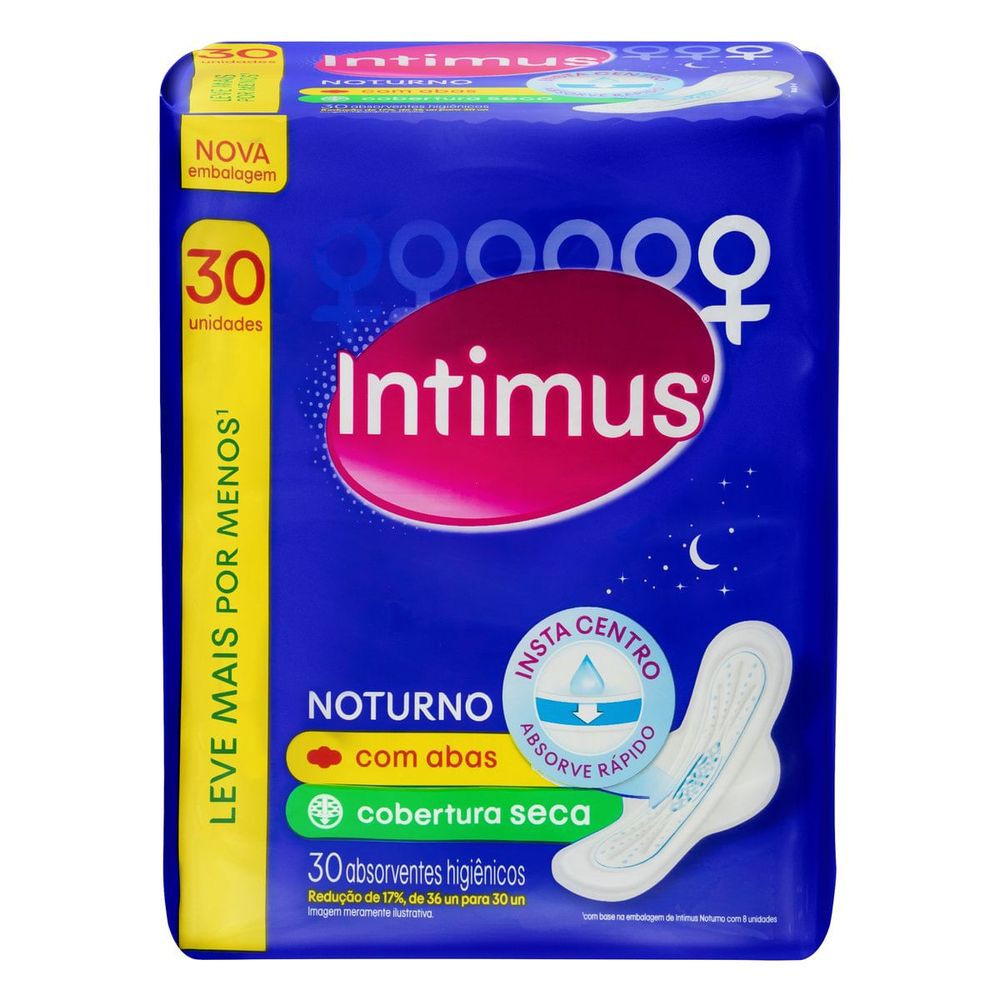 Absorvente Intimus Noturno Com Abas 30 Unidades Cobertura Suave Ou Seca