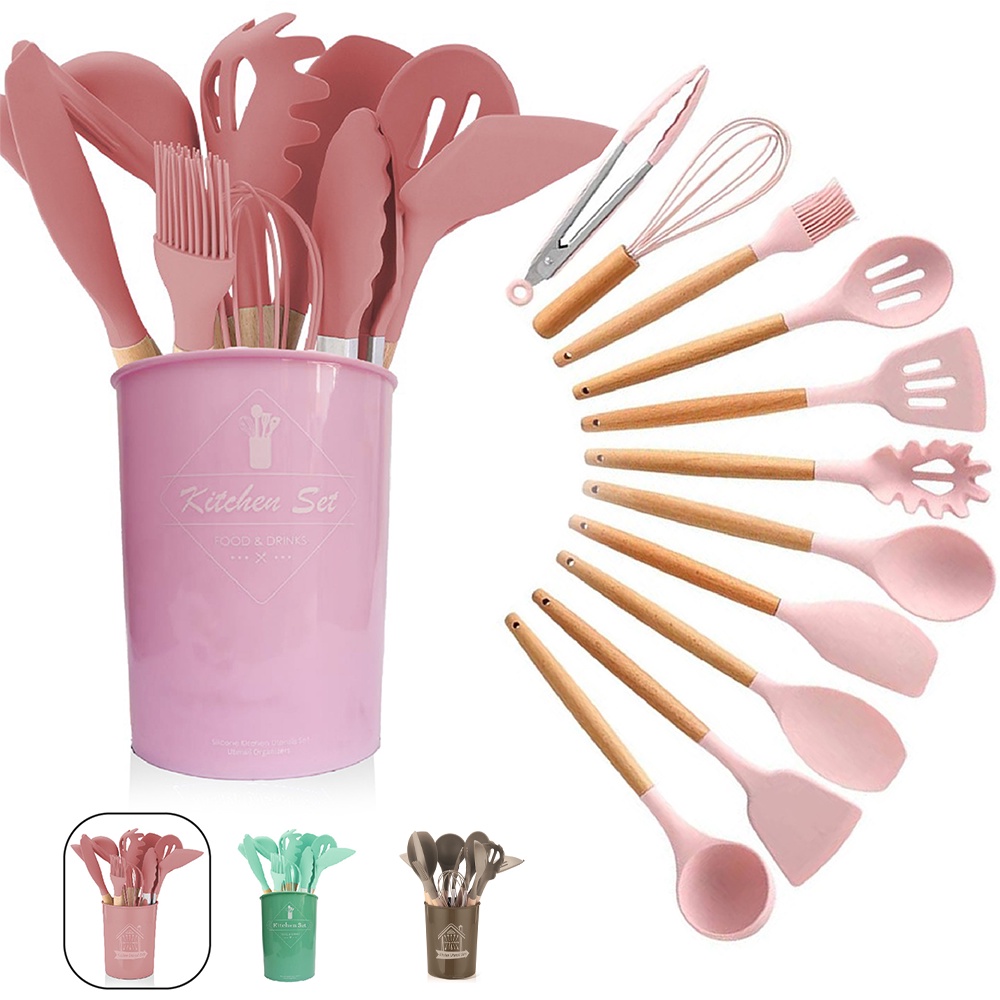 Kit 12 Peças Utensílios Cozinha Silicone Maciço Com Cabo De Madeira Colheres Super Praticas