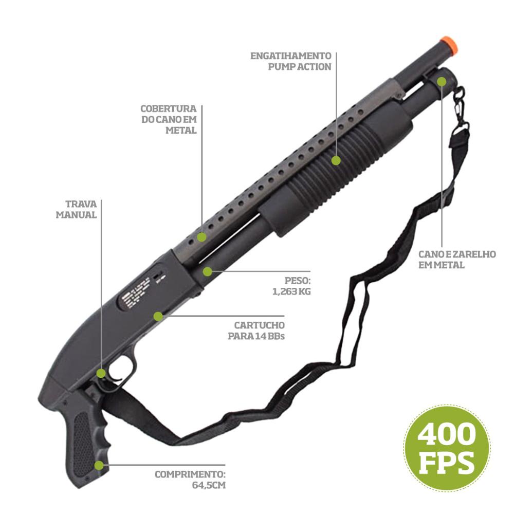 Shotgun Airsoft Double Eagle M58B Spring 400 FPS com Bandoleira