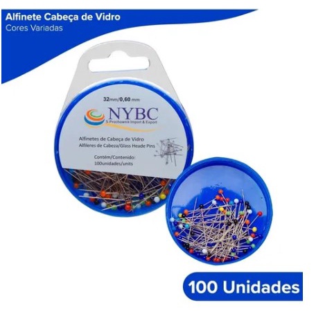 100 Alfinete cabeça de vidro colorido ferro niquelado 32mm (M&L)