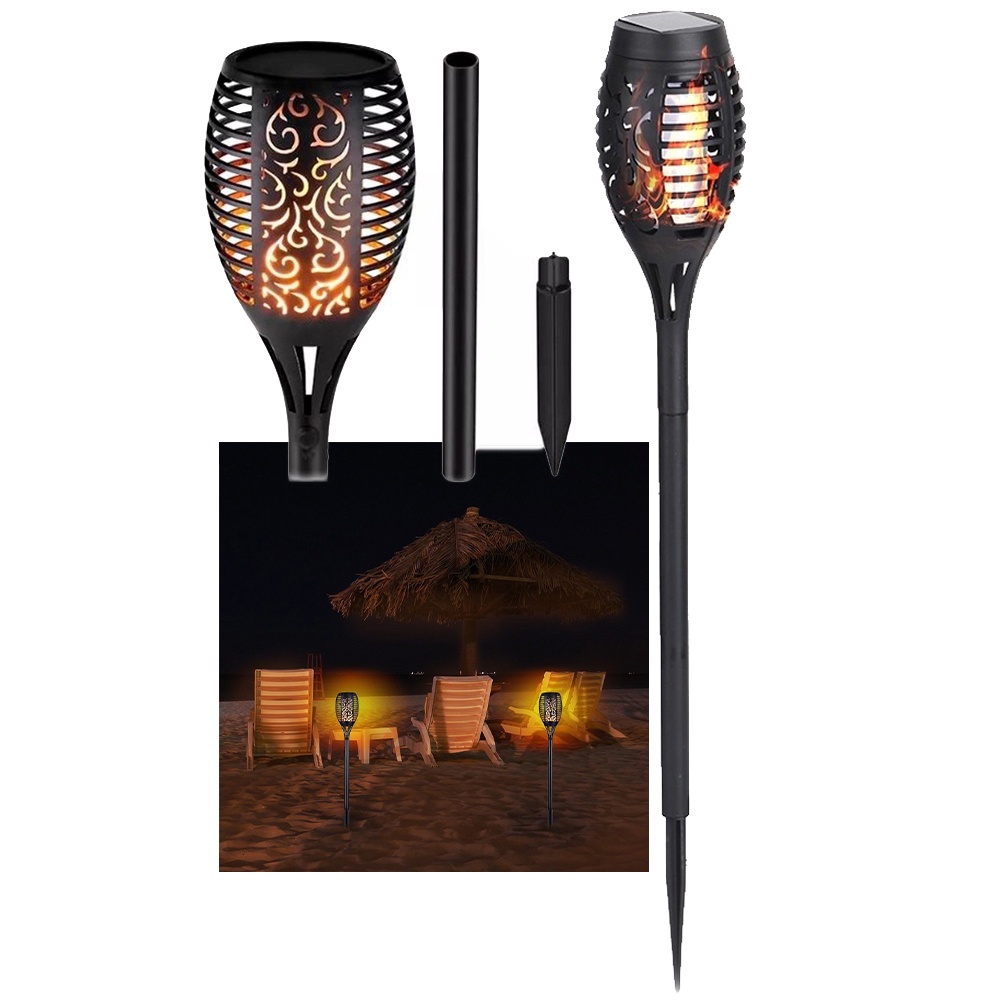 Luminaria Tocha Solar Espeto Fogo Kit 2 Uni Chama 12 leds Balizador