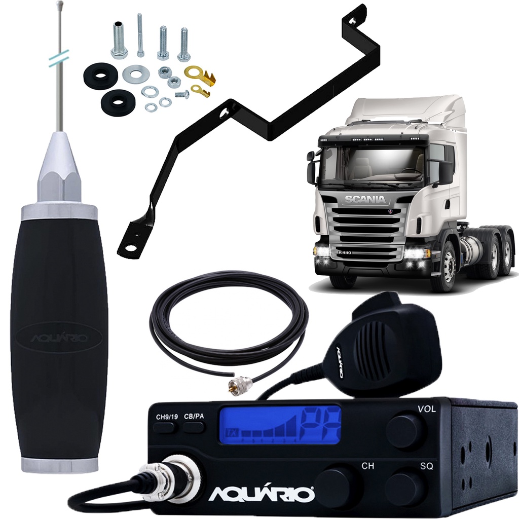 Radio Móvel Px 40 Canais RP-40 Antena Maria Mole Inox 2,70 metros Parafusos Anti-Furto Suporte Traseiro Scania Serie 5