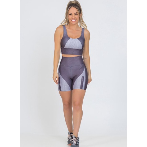 Conjunto Fitness Feminino Manalinda Xtreme Prata Bermuda Ciclista + Top Bojo Alta Compressão UV 50+