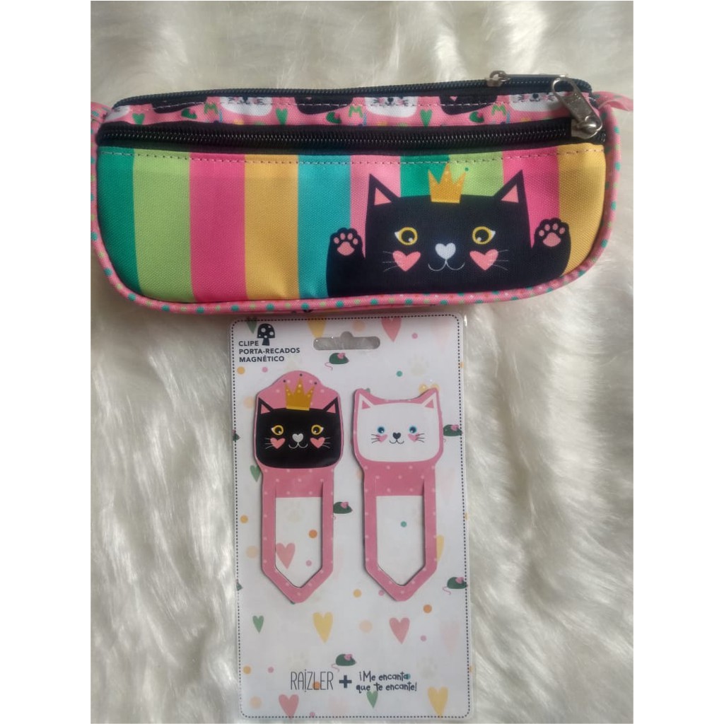 Kit Gatinho Estojo + Marcado de Páginas/Porta Recados Magnético Papelaria Cute Fofa Criativa Home Office