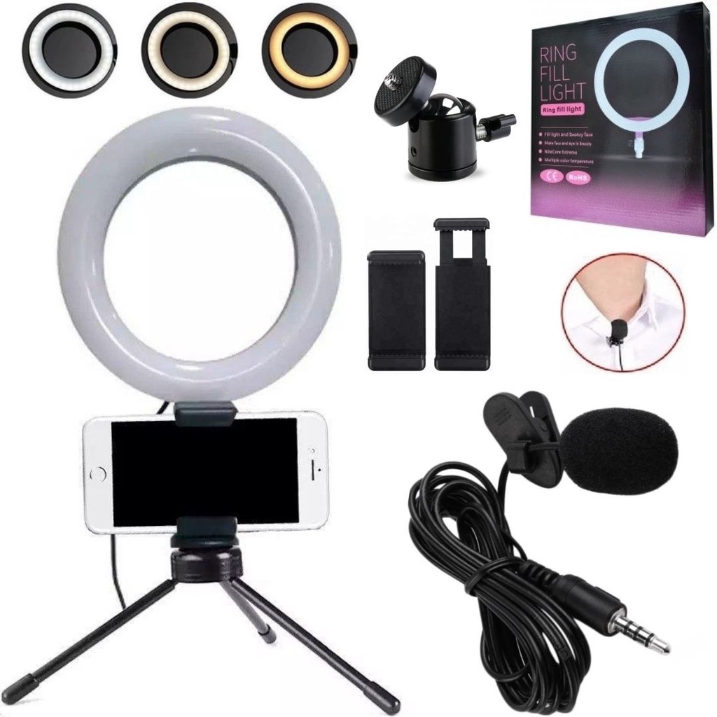 Ring light luz led mesa suporte celular microfone de lapela kit videos aula celular smartphone