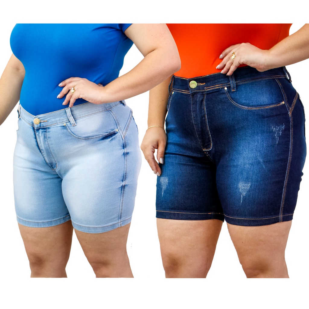 Shorts Feminina Jeans Meia Coxa Com Lyra Plus Size Kit com 2