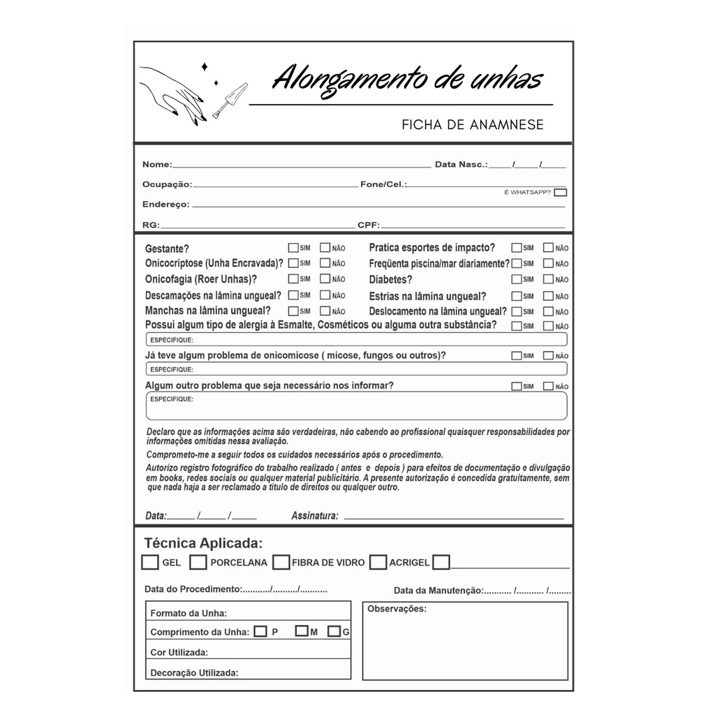 Ficha de Anamnese para Alongamento de Unhas Bloco com 100 folhas cada