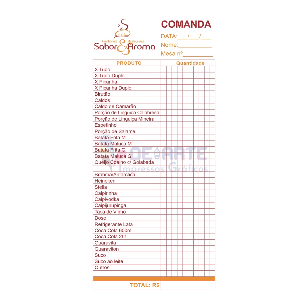 6 Comanda de pedido colorido personalizado para Bar Restaurante Lanchonete  com numeração | Shopee Brasil