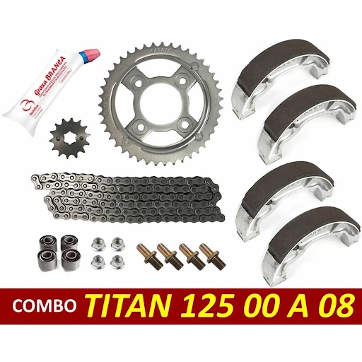 Kit Relação CG 125 Titan/Fan  áte 2008 aço 1045 +(02) Lonas+Buchas Naylon Coroa/Óleo p/Corrente/(4) Prisioneiro c/porca