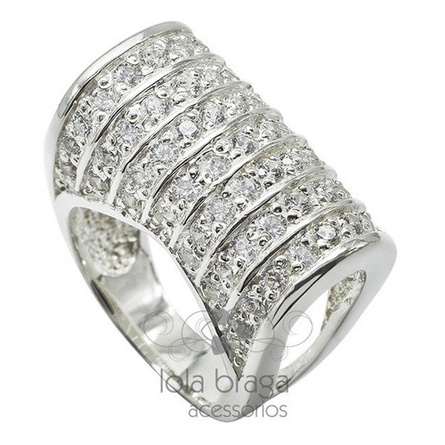 Anel Feminino Prata 950 Maciça 7 Fileiras Pave com 65 Zircônias