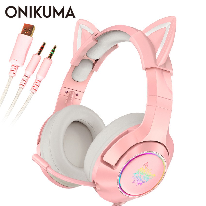 Onikuma K9 Fone De Ouvido Com Fio Meninas Rosa Orelha De Gato Fones De Ouvido Estéreo Bonito Com Microfone & Diodo Emissor De Luz Para Pc Portátil Gamer