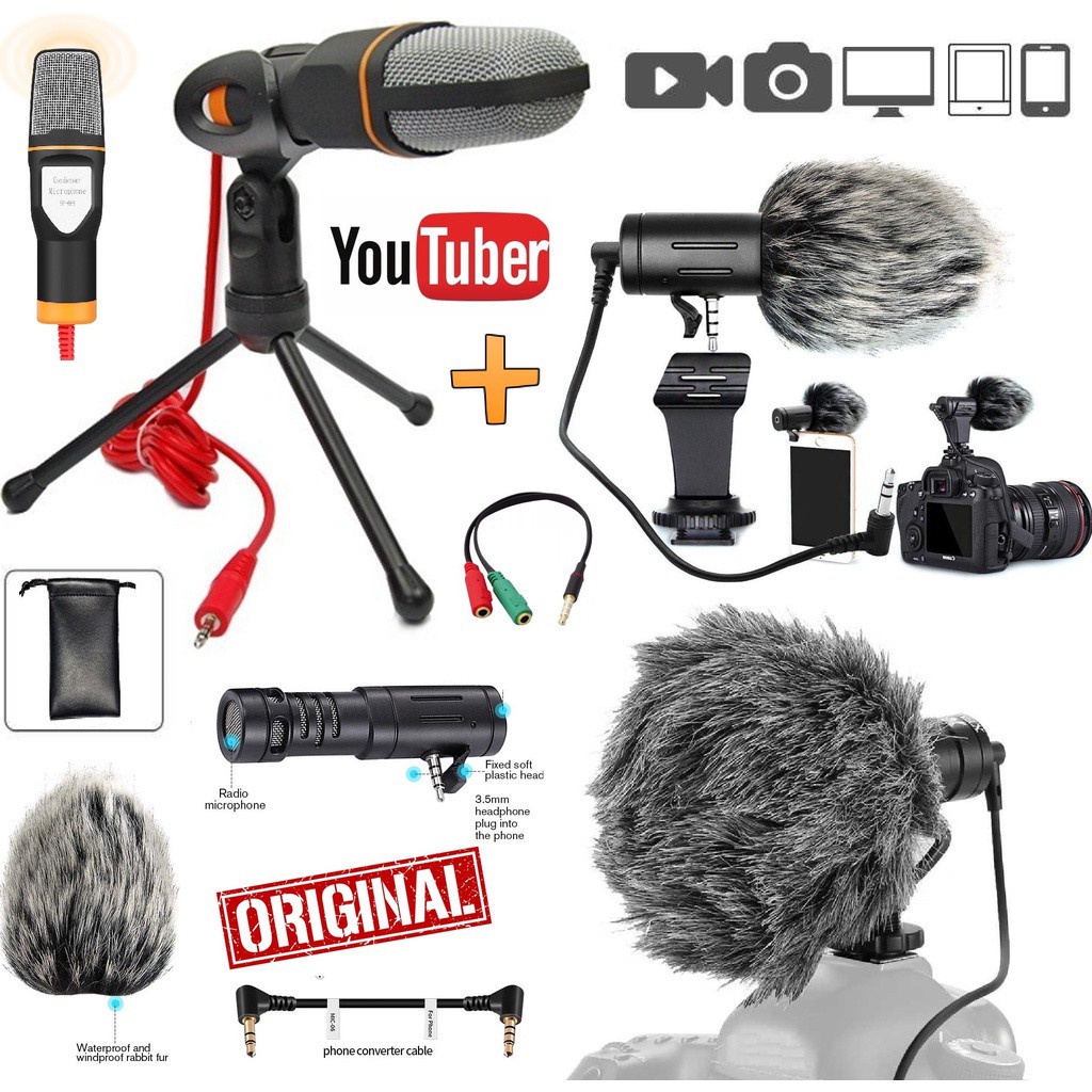 Microfone Direcional Profissional Shotgun Celular Câmera Pc Espuma Corta Vento + Microfone Condensador de Mesa Youtuber
