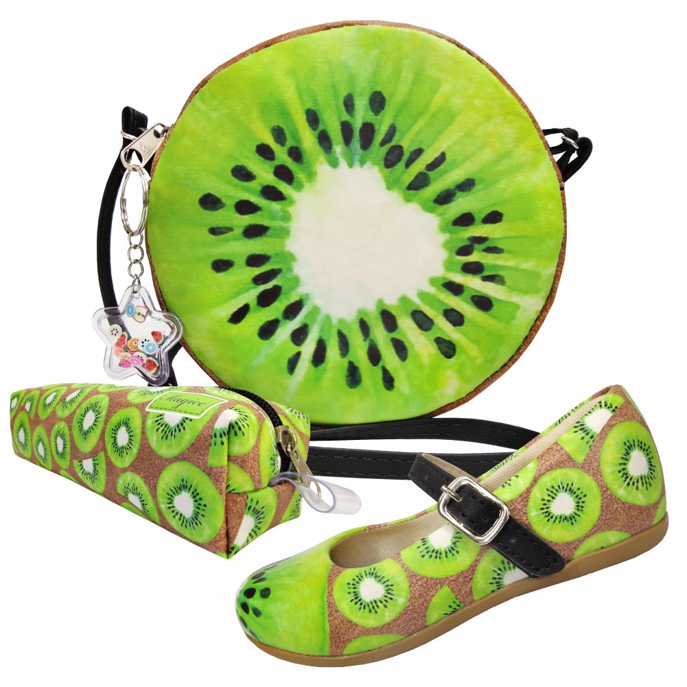 Kit Infantil Feminino Sapatilha Infantil Bolsa Infantil E Estojo Infantil Frutinhas Kiwi Menina Bolsinha Infantil Magicc Kids 1263