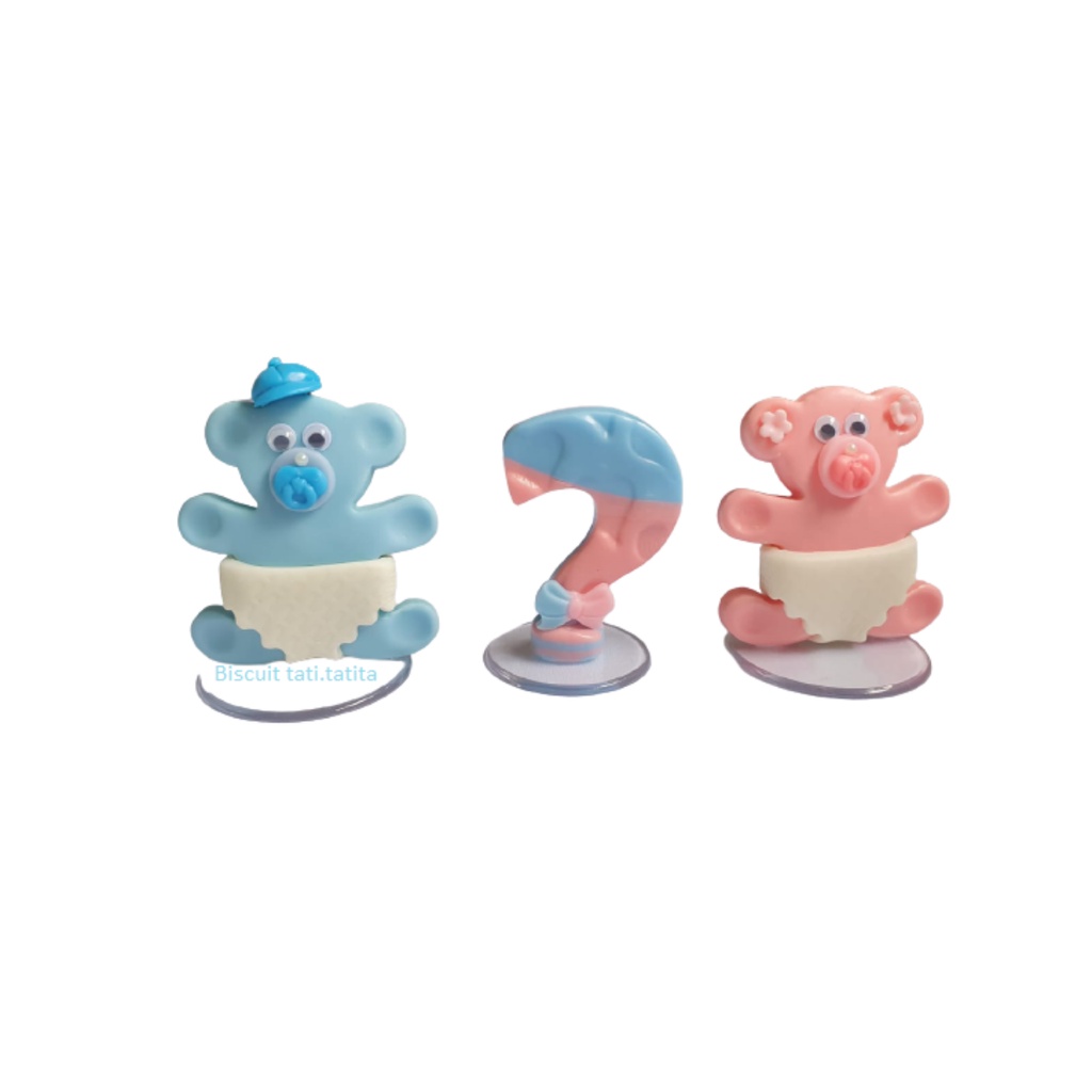 Topo de Bolo em biscuit azul e rosa Chá Revelação Menino? ou Menina? URSINHO e URSINHA INTERROGAÇÃO