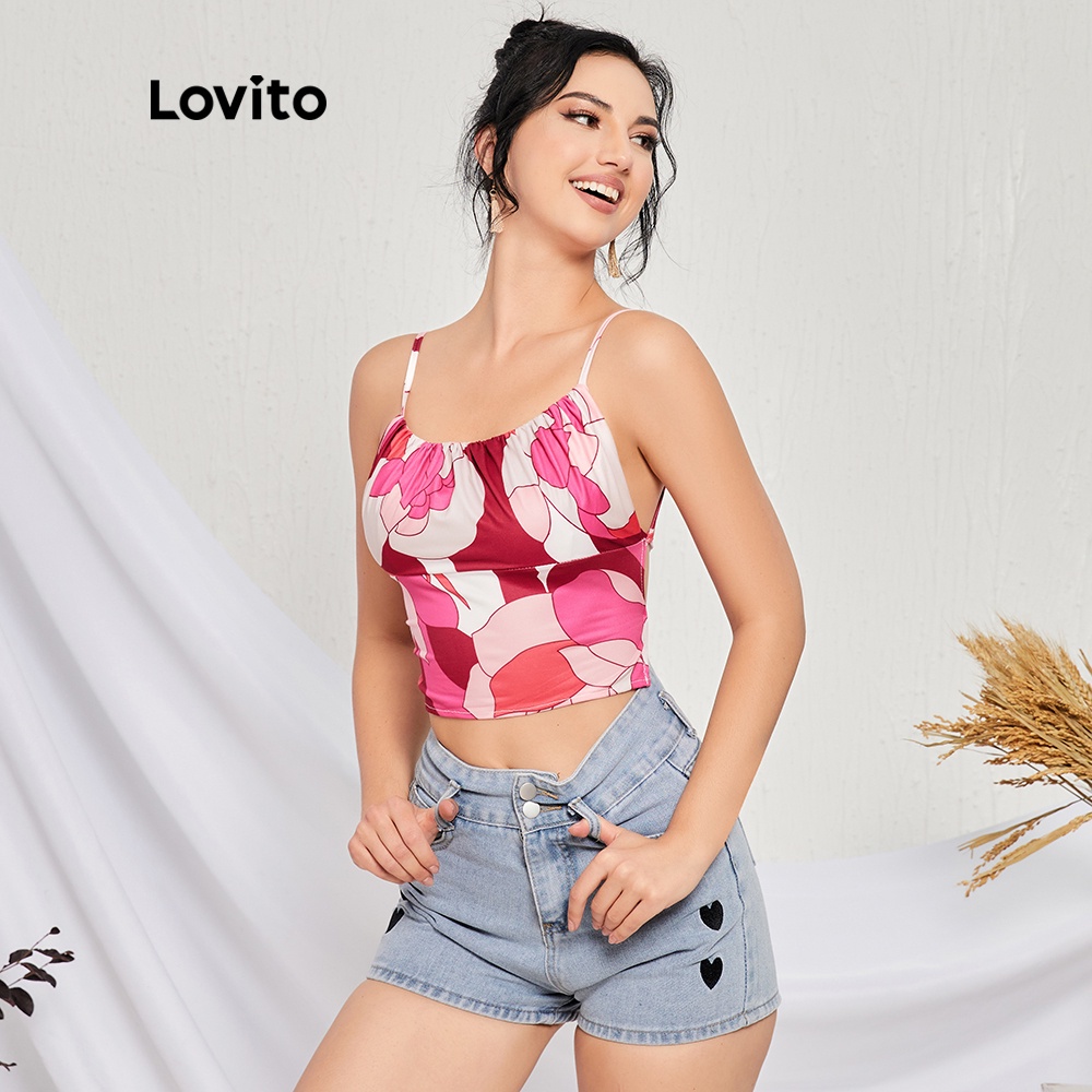 Lovito Blusa Cropped Sexy com Estampa Floral L14X077 (Rosa)