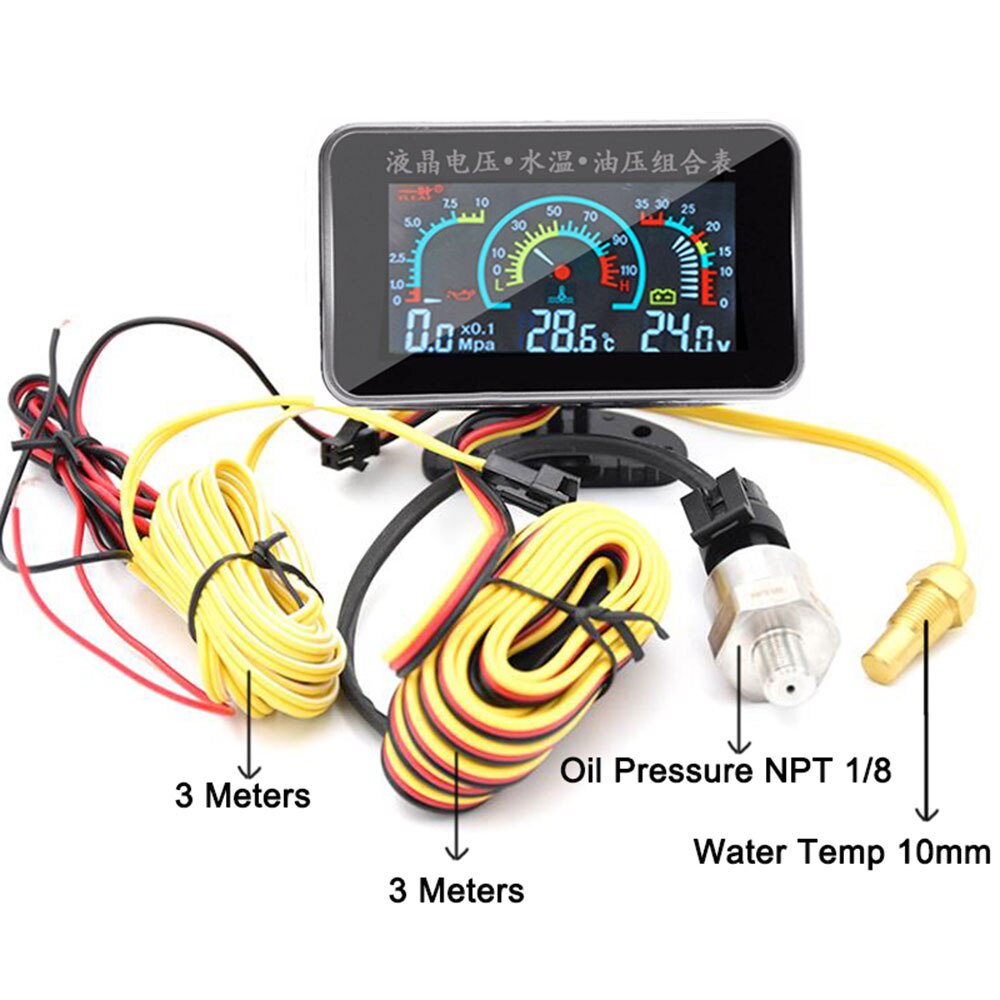 3 Em 1 LCD Carro Medidor Digital De Pressão De Óleo Voltímetro De Água De Temperatura De 1/8 NPT sensor + Da 10mm