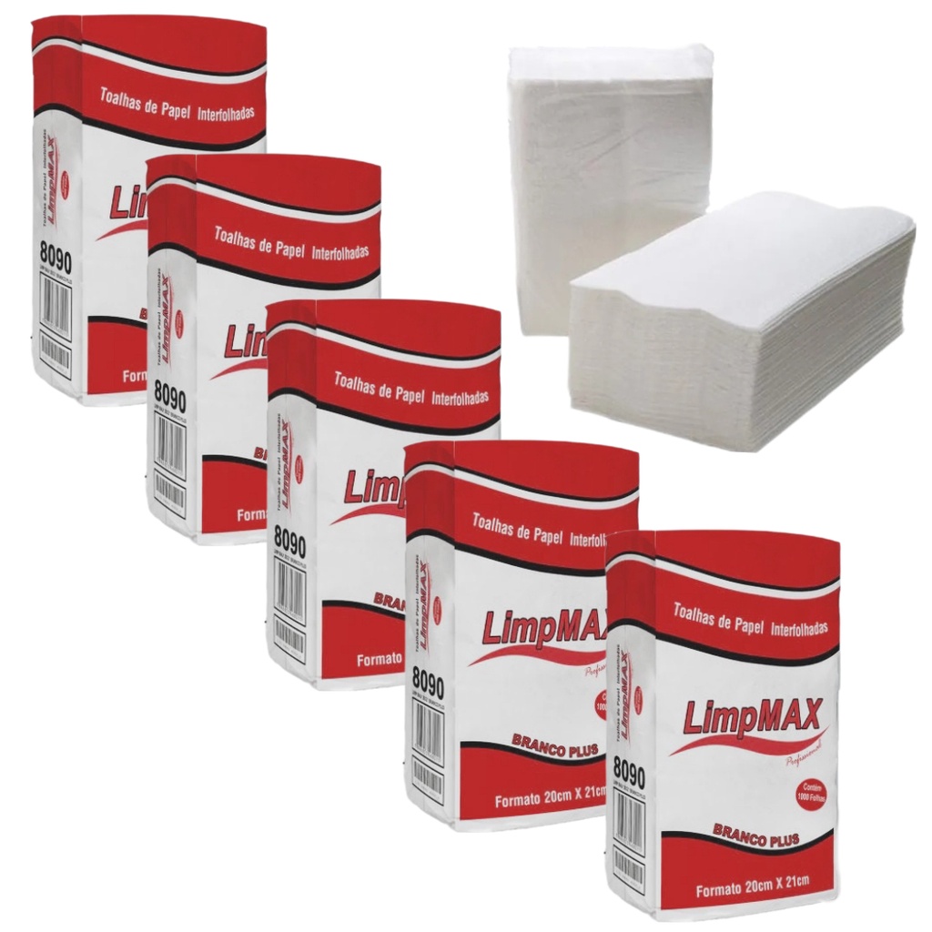 Papel Toalha Interfolha Branco 20cm x 19cm - Fardo com 5.000 folhas - Limpmax - Ref: 8090