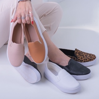 Tênis Feminino Onça Branco Nude Preto Caramelo Casual Calce Fácil Slip On Confortável