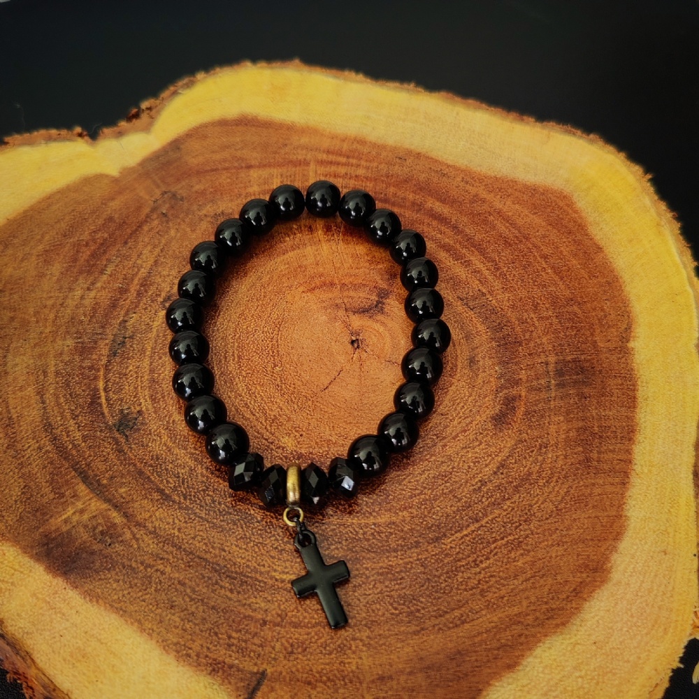 Pulseira Pedras Naturais BLack + Crucifixo