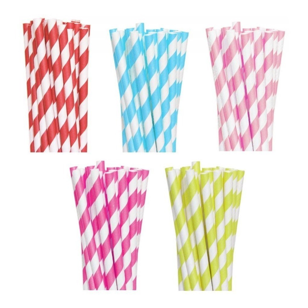 25 Canudo De Papel Colorido Vintage Listrado Liso Várias Cores