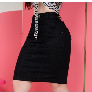 Saia Secretária Midi Evangélica Jeans com Laycra Preta