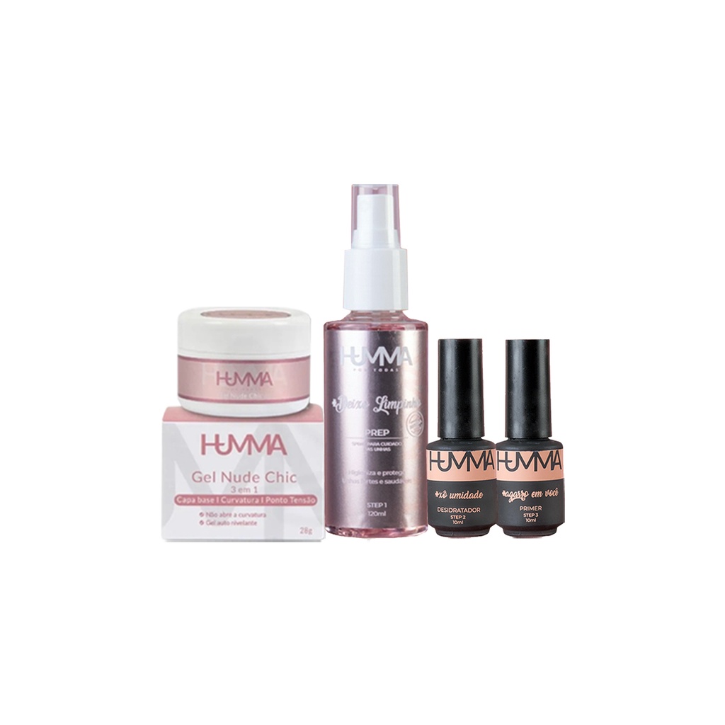 Gel Chic Nude 3 Em 1 C/ 28g + Desidratador + Primer + Prep Antisséptico Humma