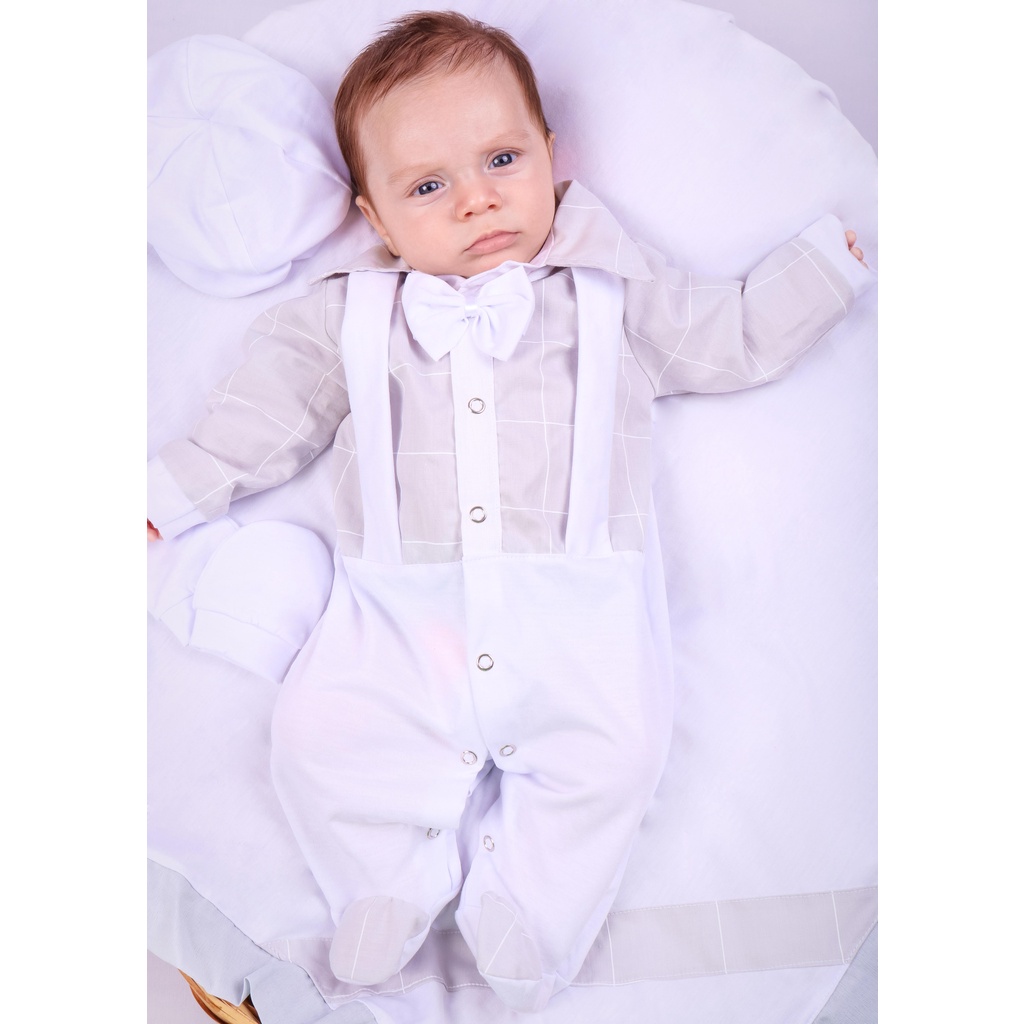 Saida de Maternidade Para Bebe Menino Branco Suspensório Igor 04 peças Azul Bebê