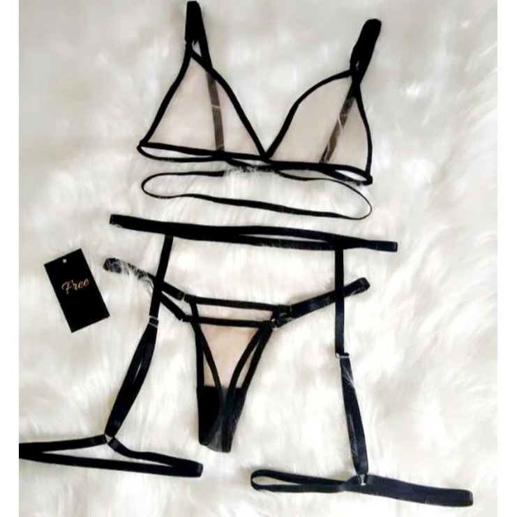 conjunto sensual transparente com cinta liga