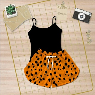 Pijama Baby Doll Feminino Preto Pintinhas Laranja