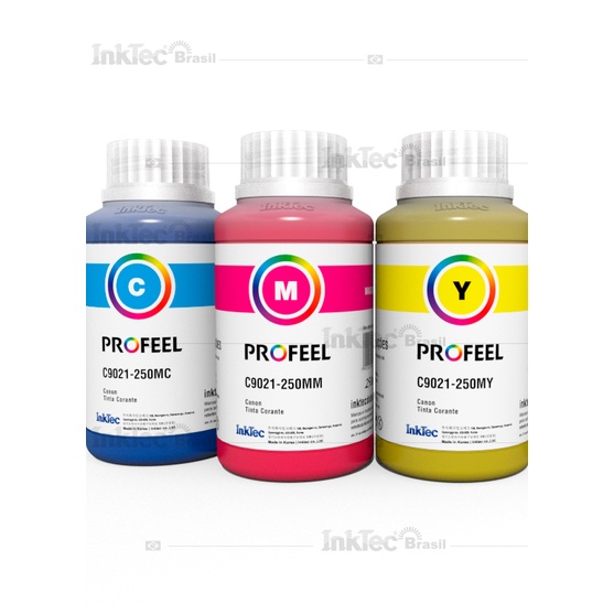 Kit3x250ml Tinta Corante InkTec Profeel C9021 Coloridas Compatível Canon Mega Tank G1100 G1110 G2100 G2110 G2160 G3160 G3100 G3110 G3111 G4100 G4110 G4111 G6010 G7010
