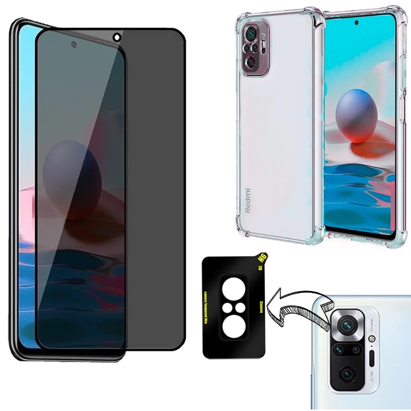KIT Xiaomi Redmi Note 10 Pro / Note 10 Pro Max | Note 10 / Note 10s -Película Privacidade - Capa AntiShock - P Câmera 3D