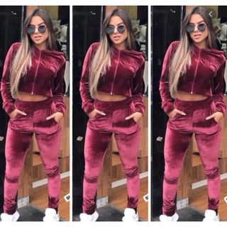 Conjunto Moletom Veludo Cropped Blusa Casaco Feminino