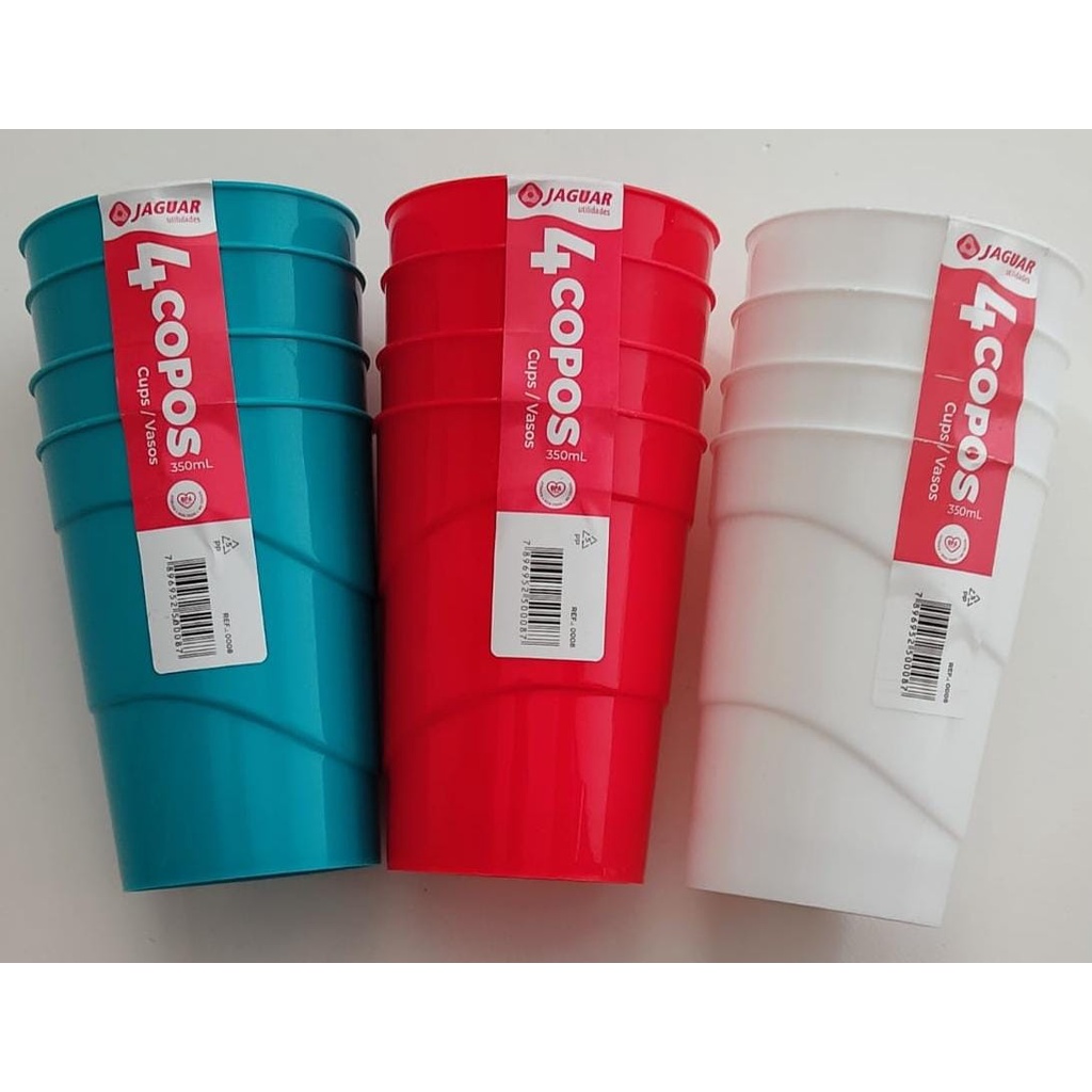 KIT CONJUNTO 4 COPOS 350ML CORES - VERMELHO - BRANCO - TIFFANY - CINZA - JAGUAR UTILIDADES