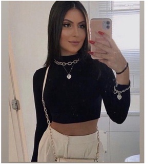 Cropped Gola Alta Canelado Manga Longa Comprida Moda Blogueira