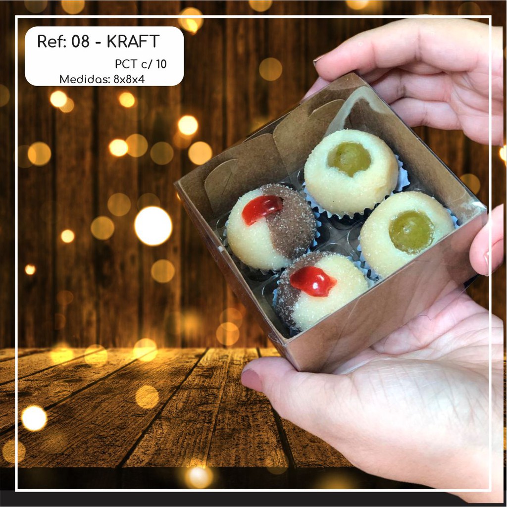 10 ~50 Caixas Embalagem 4 Doces Com Visor em  Acetato KRAFT 8x8x4 - Ref. 08 ( Chocobraz )