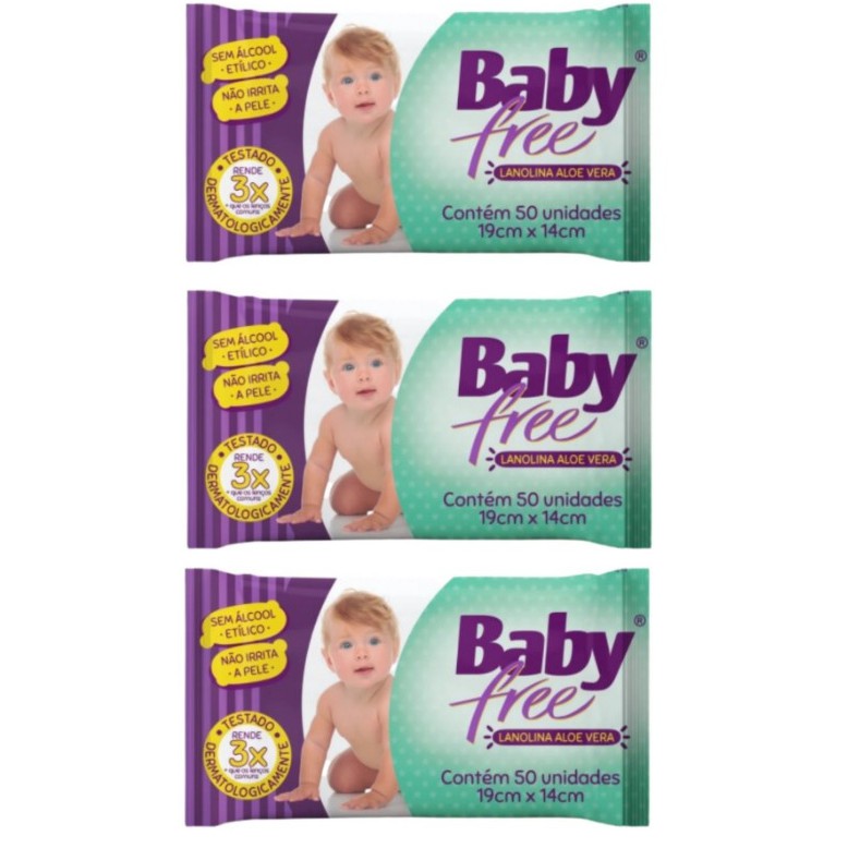 Kit com 3 Lenços Umedecidos Baby Free Toalha Umedecida Qualybless 3 Pacotes com 50 unidades
