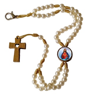 Terço Pulseira Sagrado Coração de Jesus Perolado - Pulso Artigo Religioso Católico