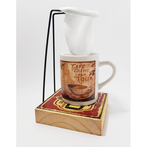 Mini suporte Coador Café em Pano Individual Decorado + Caneca Porcelana decorada