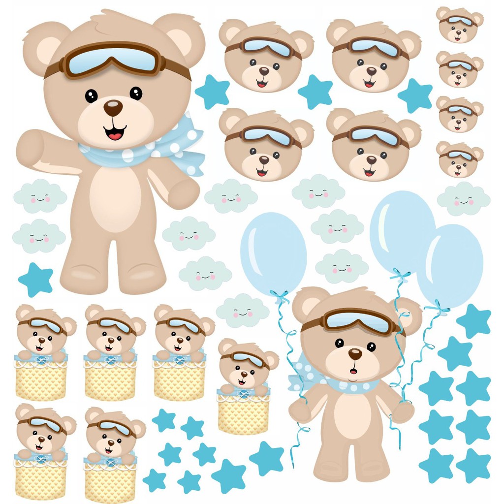 Adesivo Decorativo Infantil Ursinho Príncipe Ursinho Baloeiro Balão Nuvens Estrelas Urso Aviador Papel Parede Faixa Autocolante