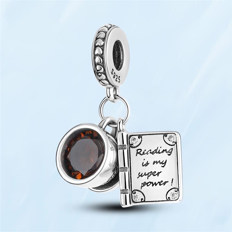 Dangle Charme S925 Prata Copo De Café Leitura Livro Contas Serve Pulseira Feminina Original Charmosa Joias Presente