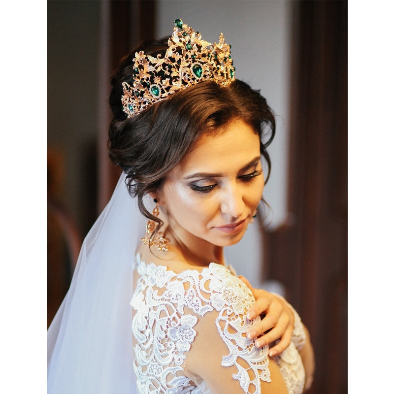 KIT Coroa Tiara Porta Coque Verde Esmeralda Dourada + Brincos Vintage Alta para Noiva Casamento e Festa de 15 Anos