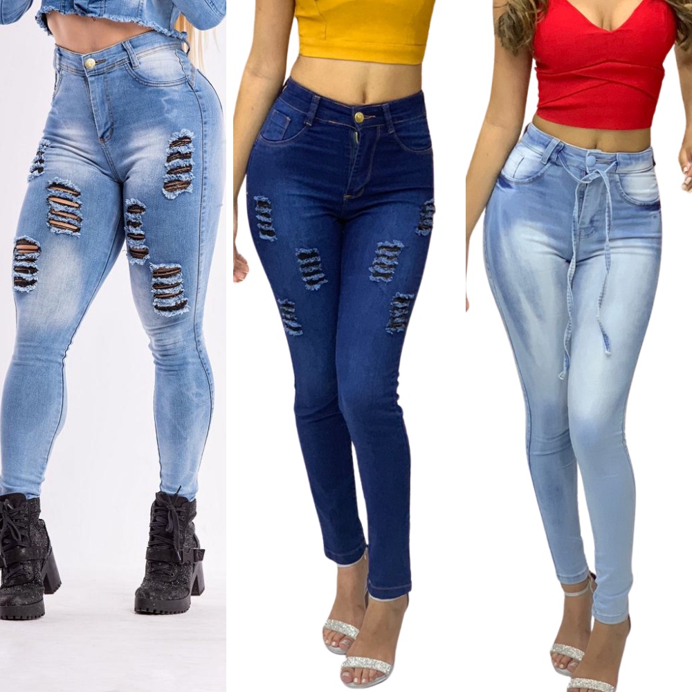Kit De 3 Calças Jeans Femininas Luxo Cintura Alta Levanta Bumbum