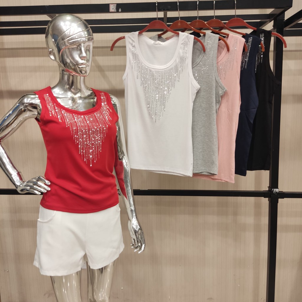 Blusa Camiseta Regata Feminina Lisa com Gola Redonda com  Perolas Algodão e elastano oliester Importada D173 PROMOÇÃO